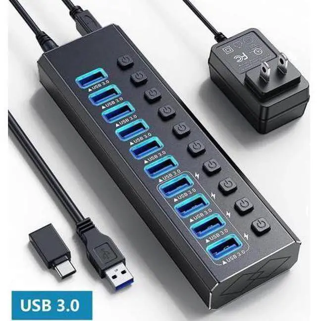 Main image of Powered USB 3.0 Hub, 10-Port Powered USB Hub 3.0 with Individual Switch, Aluminum Alloy Fast Charging USB 3.0 Hub USB Expander Compatible with All USB Devices Laptops Desktops (12V 4A Power Adapter)