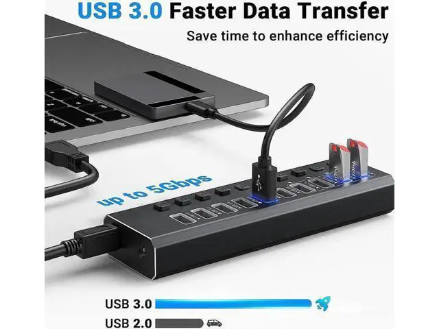 Alt view image 5 of 7 - Powered USB 3.0 Hub, 10-Port Powered USB Hub 3.0 with Individual Switch, Aluminum Alloy Fast Charging USB 3.0 Hub USB Expander Compatible with All USB Devices Laptops Desktops (12V 4A Power Adapter)