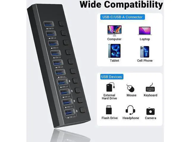 Alt view image 4 of 7 - Powered USB 3.0 Hub, 10-Port Powered USB Hub 3.0 with Individual Switch, Aluminum Alloy Fast Charging USB 3.0 Hub USB Expander Compatible with All USB Devices Laptops Desktops (12V 4A Power Adapter)