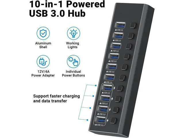 Alt view image 6 of 7 - Powered USB 3.0 Hub, 10-Port Powered USB Hub 3.0 with Individual Switch, Aluminum Alloy Fast Charging USB 3.0 Hub USB Expander Compatible with All USB Devices Laptops Desktops (12V 4A Power Adapter)