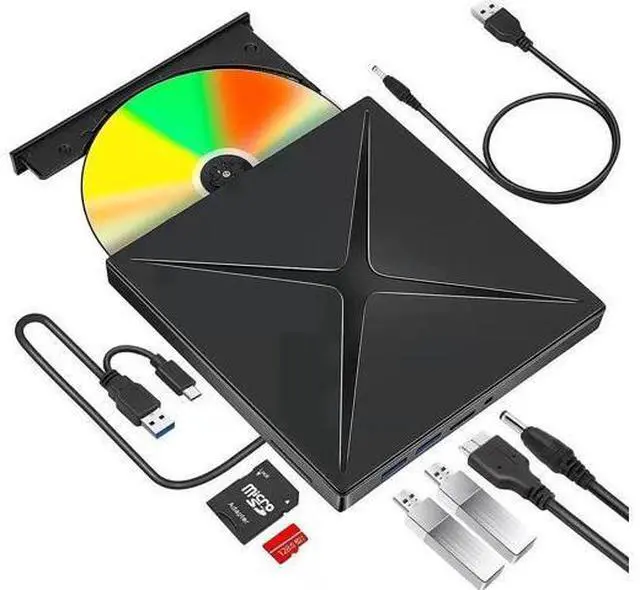 Main image of 5 in 1 External CD/DVD Drive for Laptop, Ultra Slim USB 3.0 Type-C CD DVD +/-RW Burner, Optical Disk Drive Player with 2 USB Ports and TF/SD Reader, for Laptop Mac PC Windows 11/10/8/7 Linux OS