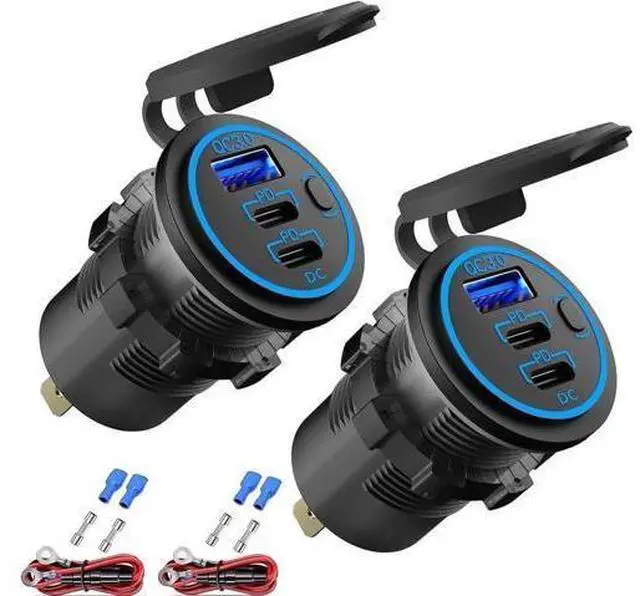 Main image of 2 PACK 12V USB Outlet Wired USB Charger Multi Port Dual PD3.0 USB-C and Quick Charge 3.0 Car USB Port Socket with Power Switch Fast Charger for Cell Phone Tablet Suitable for Car Boat RV Marine ATV