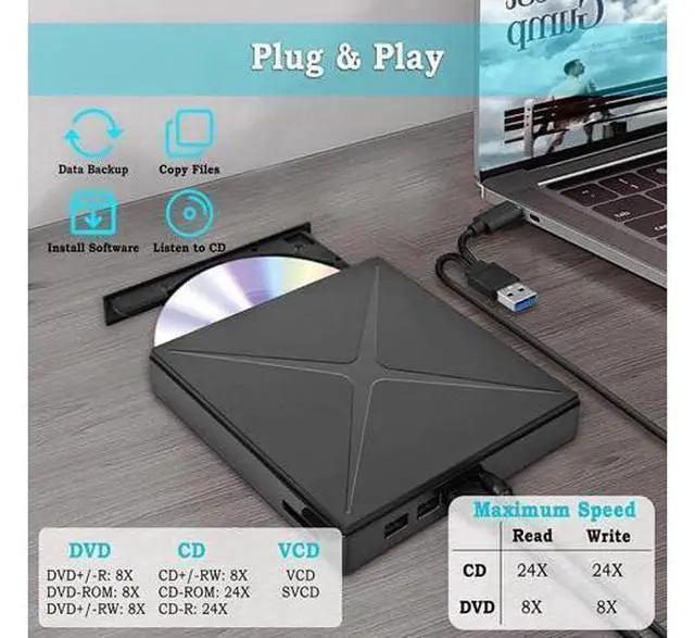 Alt view image 6 of 6 - 5 in 1 External CD/DVD Drive for Laptop, Ultra Slim USB 3.0 Type-C CD DVD +/-RW Burner, Optical Disk Drive Player with 2 USB Ports and TF/SD Reader, for Laptop Mac PC Windows 11/10/8/7 Linux OS