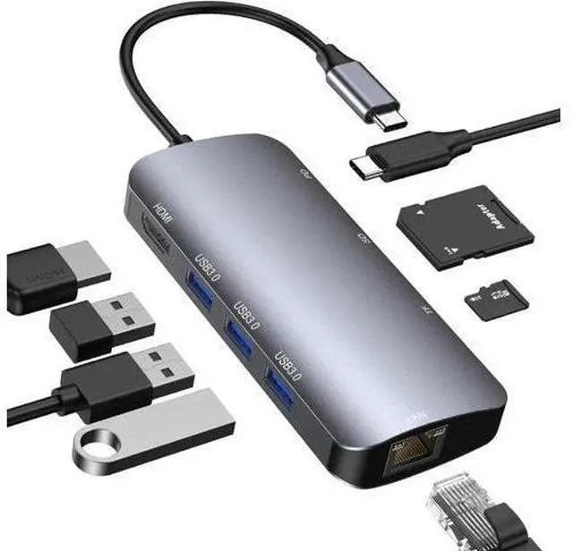 Main image of USB C Hub Multiport Adapter, 8-in-1 USB-C Hub with Ethernet 1000Mbps, 4K HDMI, 100W PD, SD/TF Card Reader, 3 USB 3.0 Ports Docking Station Compatible for Ma-cBook Pro/Air M3/2 /1, i-Pad Pro/XPS