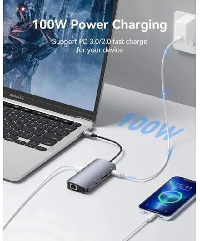 Alt view image 2 of 7 - USB C Hub Multiport Adapter, 8-in-1 USB-C Hub with Ethernet 1000Mbps, 4K HDMI, 100W PD, SD/TF Card Reader, 3 USB 3.0 Ports Docking Station Compatible for Ma-cBook Pro/Air M3/2 /1, i-Pad Pro/XPS