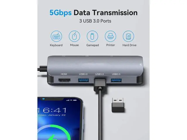 Alt view image 3 of 7 - USB C Hub Multiport Adapter, 8-in-1 USB-C Hub with Ethernet 1000Mbps, 4K HDMI, 100W PD, SD/TF Card Reader, 3 USB 3.0 Ports Docking Station Compatible for Ma-cBook Pro/Air M3/2 /1, i-Pad Pro/XPS