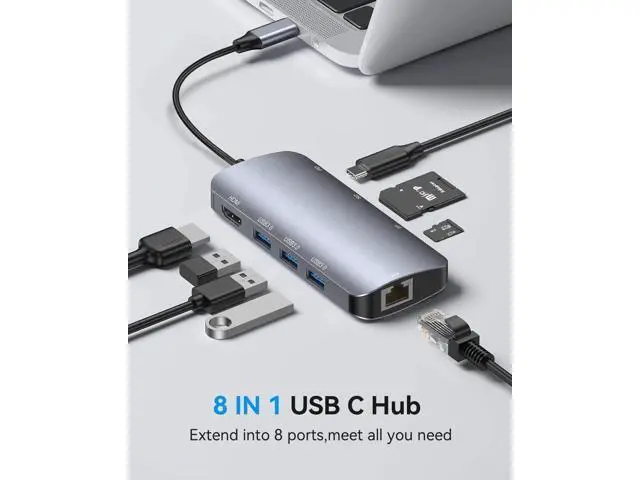 Alt view image 5 of 7 - USB C Hub Multiport Adapter, 8-in-1 USB-C Hub with Ethernet 1000Mbps, 4K HDMI, 100W PD, SD/TF Card Reader, 3 USB 3.0 Ports Docking Station Compatible for Ma-cBook Pro/Air M3/2 /1, i-Pad Pro/XPS