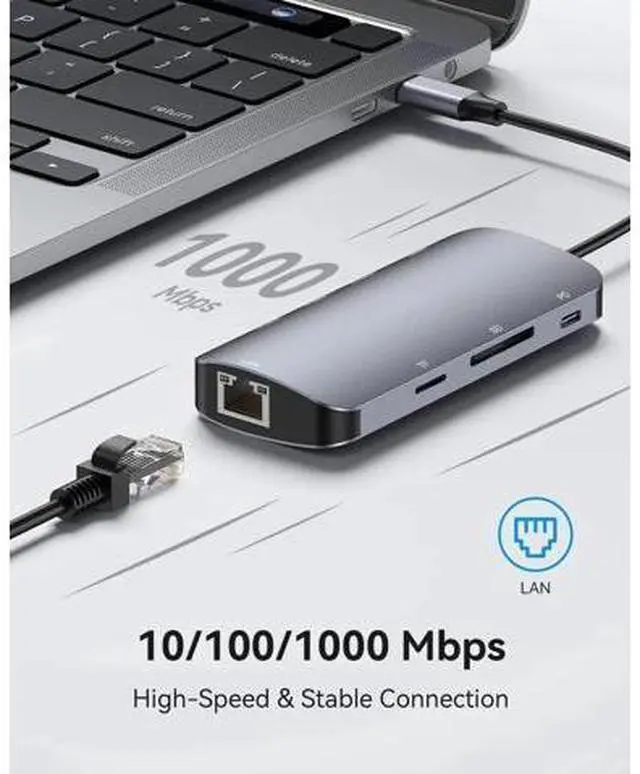 Alt view image 4 of 7 - USB C Hub Multiport Adapter, 8-in-1 USB-C Hub with Ethernet 1000Mbps, 4K HDMI, 100W PD, SD/TF Card Reader, 3 USB 3.0 Ports Docking Station Compatible for Ma-cBook Pro/Air M3/2 /1, i-Pad Pro/XPS