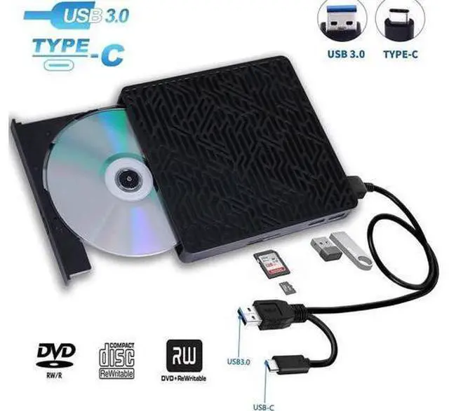 Main image of USB 3.0&USB-C External CD DVD Drive,Multifunctional External CD/DVD +/- RW Burner Player Writer Support SD/TF Card/2 USB 3.0 Ports/Charging,Compatible with Mac OS/Windows/MacBook/Laptop/Desktop-Black