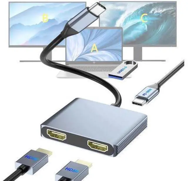 Main image of USB C to Dual HDMI Adapter, HDMI Splitter for Dual Monitors Support C to 2 HD Splitter Extended Display for Type C Devices, MacOS only Mirrors Same Screen(SST), Windows Extend Two Different Screen