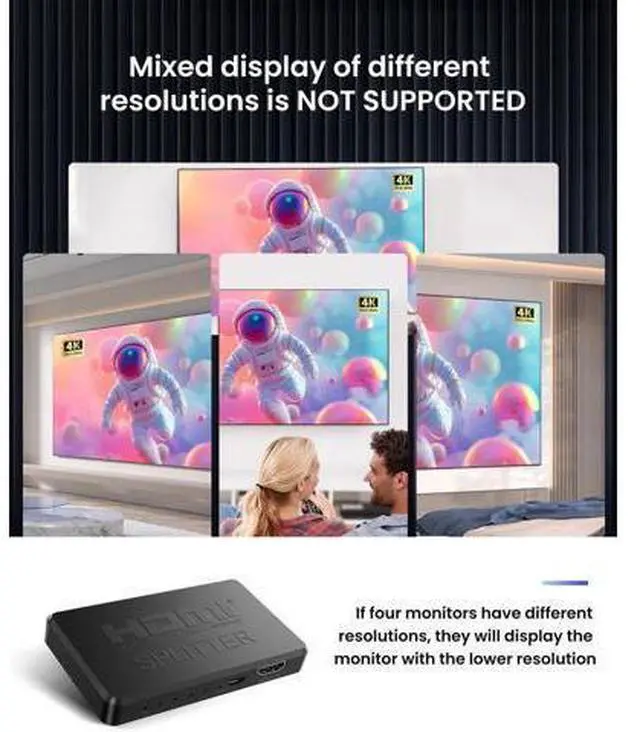 Alt view image 4 of 14 - Aomoproing HDMI Splitter 1 in 4 Out Support Duplicate/Mirror 1 Source Screen to 4 HDM-I Display Devices(Not Extend), 4 Port Hdmi Splitters for 3D,1080P, UHD TV(Not Include HDMI Cable)
