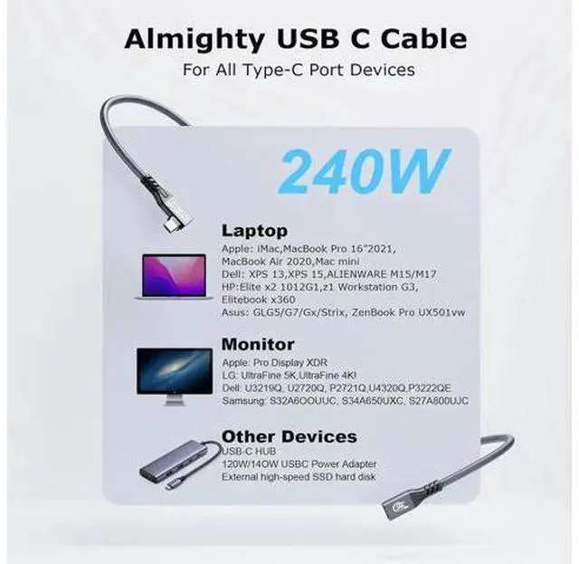 Alt view image 7 of 14 - Aomoproing 20Gbps USB C 3.2 Extension Cable, 90 Degree USBC 3.2 Gen2 Type-c Male to Female Extender Cable 4K@60Hz 240W Charging 20Gbps Data Transfer with External SSD eGPU (90 Degree Extension 2M)
