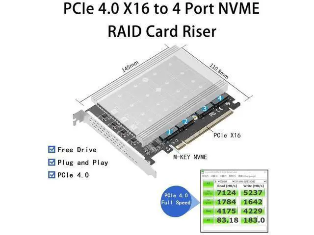 Alt view image 6 of 7 - Quad M.2 PCIe 4.0 / PCIe 3.0 X16 Expansion Card with Heatsink, Support 4 x PCIe NVME M.2 SSD, RAID-on-CPU (VROC) in Intel Platform and PCIe 4.0 RAID in AMD Platform, M/B PCIe Bifurcation is Required