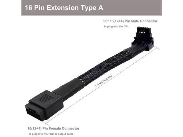 Alt view image 5 of 5 - Aomoproing 12VHPWR Cable, 16 Pin GPU PCIe 5.0 Female to Male Extension 90 Degree Angle 16AWG 600W Sleeved Adapter for 12+4pin RTX 4090 4080 4070Ti 3090Ti Graphic Card 7.1-inch (Type A)