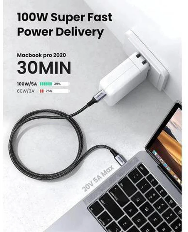 Alt view image 4 of 7 - UGREEN 100W USB C to USB C Cable 6ft, Type C Charger 5A Fast Charging Cable, USBC to USBC Cord Compatible with MacBook Pro 2021, iPad Pro 2021, iPad Air 5, Samsung Galaxy S21, Pixel, Switch, and More