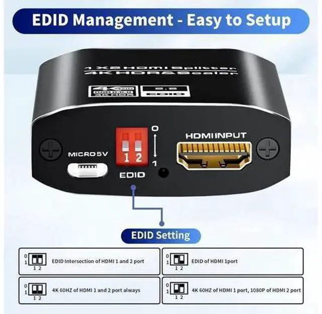 Alt view image 3 of 7 - AOMOPROING 1x2 HDMI Splitter, HDR 4K@60Hz HDMI spliter 1 in 2 Out, Supports HDMI 2.0, HDCP 2.2, Mirror Screen Monitors Supports EDID Control for Xbox PS3/4/5 PC DVD Fire Stick Blu-Ray Player TV