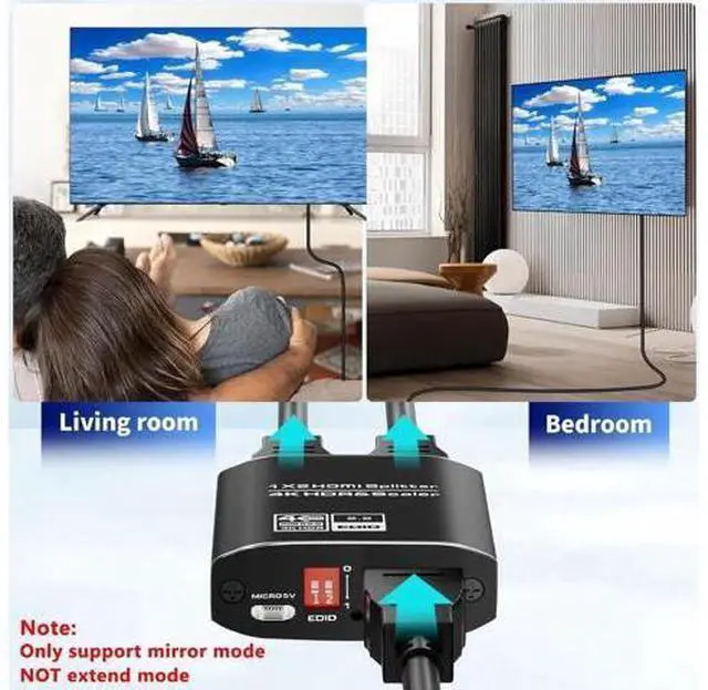 Alt view image 7 of 7 - AOMOPROING 1x2 HDMI Splitter, HDR 4K@60Hz HDMI spliter 1 in 2 Out, Supports HDMI 2.0, HDCP 2.2, Mirror Screen Monitors Supports EDID Control for Xbox PS3/4/5 PC DVD Fire Stick Blu-Ray Player TV