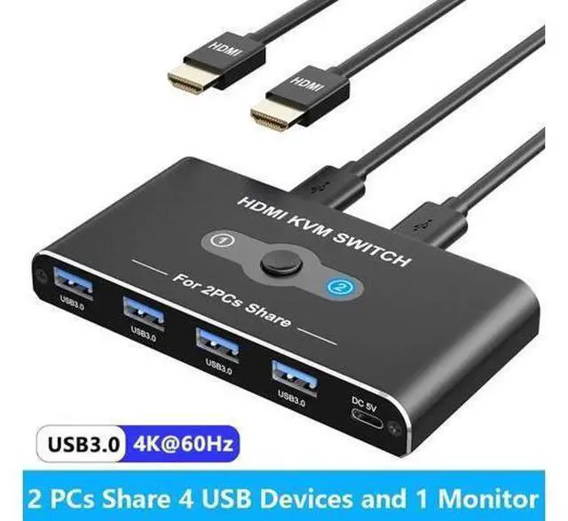 Main image of USB HDMI KVM Switch with 4K@60Hz, 2 Port HDMI KVM Switches With 4 USB 3.0 Data Ports, KVM Switch 2 PC 1 Monitor Share Mouse, Keyboard, Printer, Include 2 HDMI cables,2 USB cable, 1 USB-C Cable