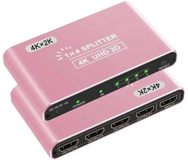 Main image of HDMI Splitter 1 in 4 Out, 4K HDMI Splitters for Four Monitors Supports 3D Full HD 1080P Aluminum, Compatible for PS4 Fire Stick HDTV(1 Source to 4 Displays) Pink