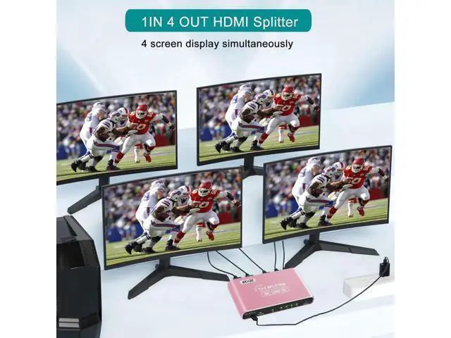 Alt view image 4 of 7 - HDMI Splitter 1 in 4 Out, 4K HDMI Splitters for Four Monitors Supports 3D Full HD 1080P Aluminum, Compatible for PS4 Fire Stick HDTV(1 Source to 4 Displays) Pink