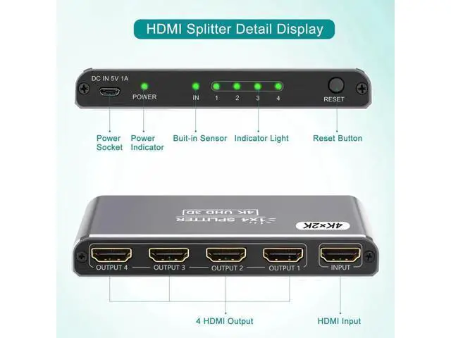 Alt view image 3 of 7 - HDMI Splitter 1 in 4 Out, 4K HDMI Splitters for 4 Monitors Supports 3D Full HD 1080P Aluminum, Compatible for PS4 Fire Stick HDTV(1 Source to 4 Displays) Silver