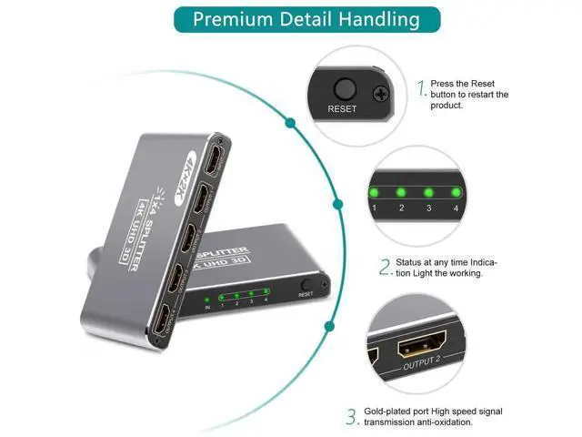 Alt view image 6 of 7 - HDMI Splitter 1 in 4 Out, 4K HDMI Splitters for 4 Monitors Supports 3D Full HD 1080P Aluminum, Compatible for PS4 Fire Stick HDTV(1 Source to 4 Displays) Silver