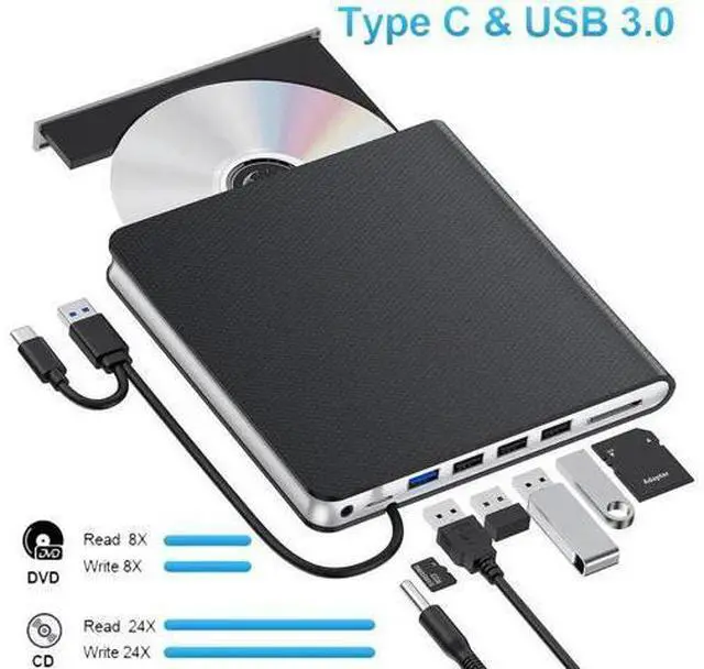 Main image of External CD DVD Drive, 7-in-1 USB 3.0 & Type-C DVD Drive External with 4 USB Ports & SD/TF, DVD RW Burner External CD Drive for Laptop, Desktop, Mac-Book, Windows 11/10/8/7/XP/Linux/Vista/Mac