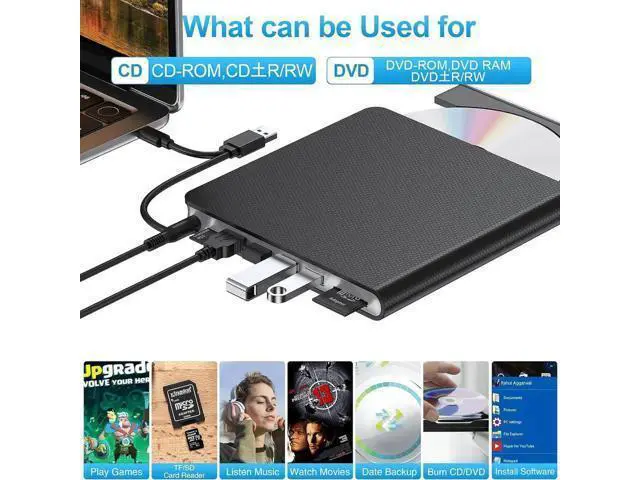 Alt view image 3 of 7 - External CD DVD Drive, 7-in-1 USB 3.0 & Type-C DVD Drive External with 4 USB Ports & SD/TF, DVD RW Burner External CD Drive for Laptop, Desktop, Mac-Book, Windows 11/10/8/7/XP/Linux/Vista/Mac