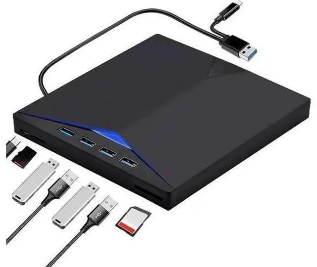 Main image of External CD DVD Drive, 7-in-1 Optical External CD/DVD Burner with 4 USB 3.0 Ports SD/TF Reader, USB 3.0 Type C CD DVD ROM +/-RW Player for Laptop for M-a-c-book Windows 10/ 8/7 Linux OS