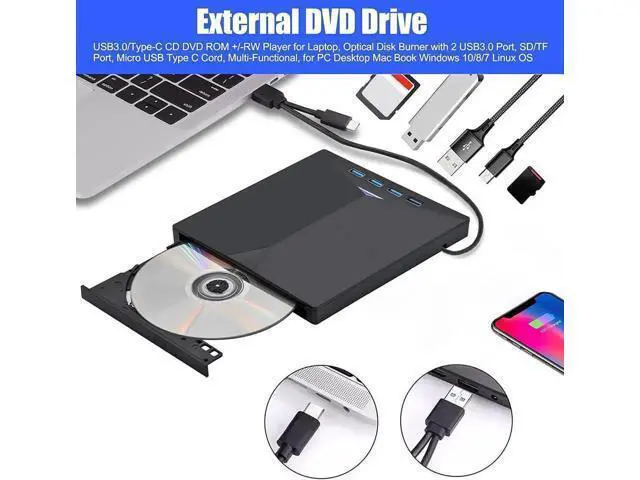 Alt view image 5 of 7 - External CD DVD Drive, 7-in-1 Optical External CD/DVD Burner with 4 USB 3.0 Ports SD/TF Reader, USB 3.0 Type C CD DVD ROM +/-RW Player for Laptop for M-a-c-book Windows 10/ 8/7 Linux OS