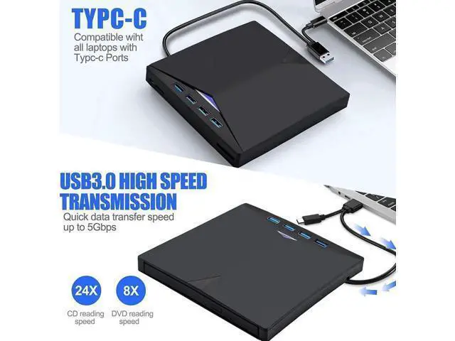 Alt view image 6 of 7 - External CD DVD Drive, 7-in-1 Optical External CD/DVD Burner with 4 USB 3.0 Ports SD/TF Reader, USB 3.0 Type C CD DVD ROM +/-RW Player for Laptop for M-a-c-book Windows 10/ 8/7 Linux OS