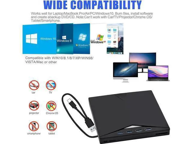 Alt view image 7 of 7 - External CD DVD Drive, 7-in-1 Optical External CD/DVD Burner with 4 USB 3.0 Ports SD/TF Reader, USB 3.0 Type C CD DVD ROM +/-RW Player for Laptop for M-a-c-book Windows 10/ 8/7 Linux OS
