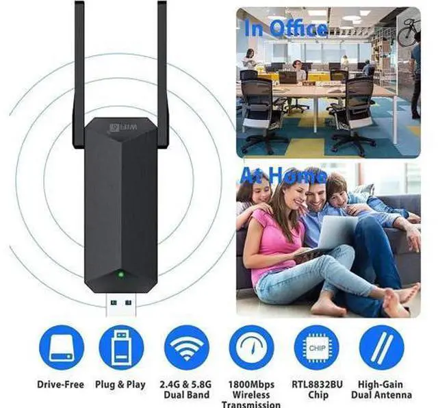 Main image of USB WiFi 6 Adapter for PC, AX1800 USB 3.0 Dual Band Wireless Network Adapter with 2.4G/5G High Gain Antenna, 1800Mbps WiFi Dongle USB WiFi Adapter for PC Desktop Laptop Support Windows11/10 (Black)