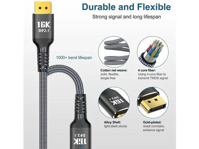 Alt view image 3 of 6 - AOMOPROING 16K Displayport to Display Port 2.1 6.6FT, 40Gbps Display Cord, 4K Video Monitor Cable Support 8K@120Hz 4K@240Hz HDR/eARC/FreeSync/G-Sync Connecting PC/Computer/Gaming/Graphics Card