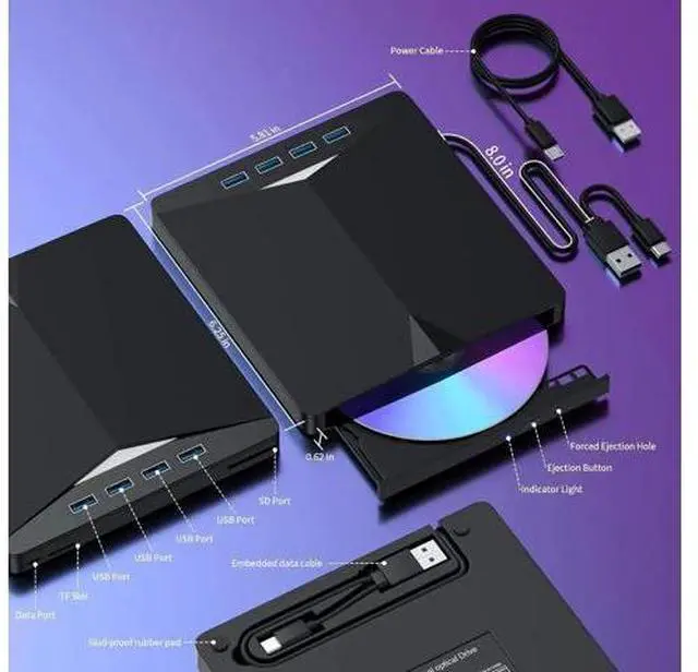 Alt view image 2 of 7 - External CD/DVD Drive for Laptop, 7 in 1 USB 3.0 & Type C DVD Player Portable DVD/CD Burner, ROM CD External DVD Drive for Laptop Compatible with Laptop Desktop PC Windows MacOS