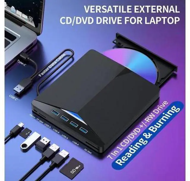 Alt view image 4 of 7 - External CD/DVD Drive for Laptop, 7 in 1 USB 3.0 & Type C DVD Player Portable DVD/CD Burner, ROM CD External DVD Drive for Laptop Compatible with Laptop Desktop PC Windows MacOS