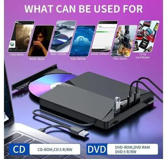 Alt view image 7 of 7 - External CD/DVD Drive for Laptop, 7 in 1 USB 3.0 & Type C DVD Player Portable DVD/CD Burner, ROM CD External DVD Drive for Laptop Compatible with Laptop Desktop PC Windows MacOS