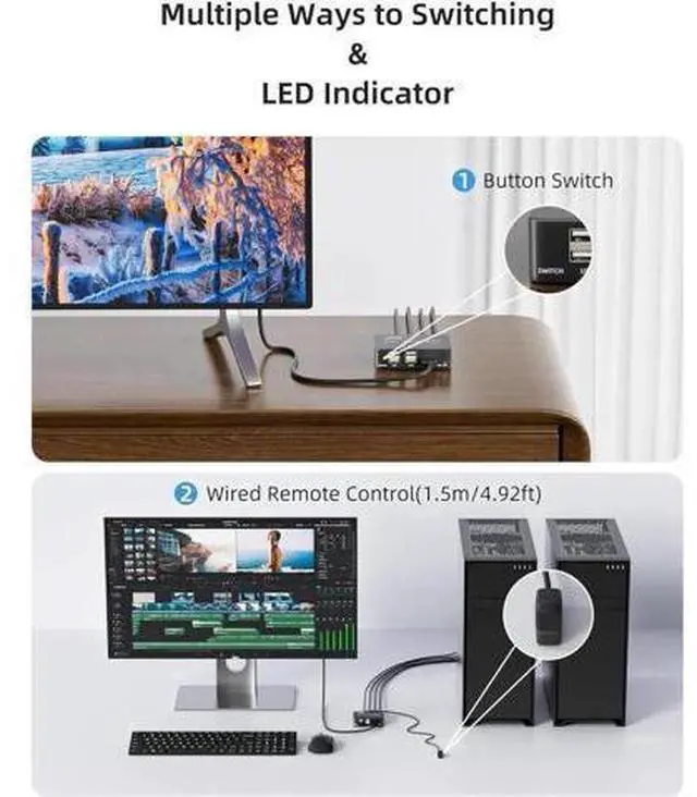 Alt view image 3 of 7 - 8K@60Hz HDMI 2.1 USB KVM Switch 1 Monitors 2 Computers, 4K@120Hz USB switcher HDMI KVM Switch 2 in 1 Out with Remote and 4 USB 2.0 Port, 2 USB Cables and 1 Desktop Controller for Work or Entertainment