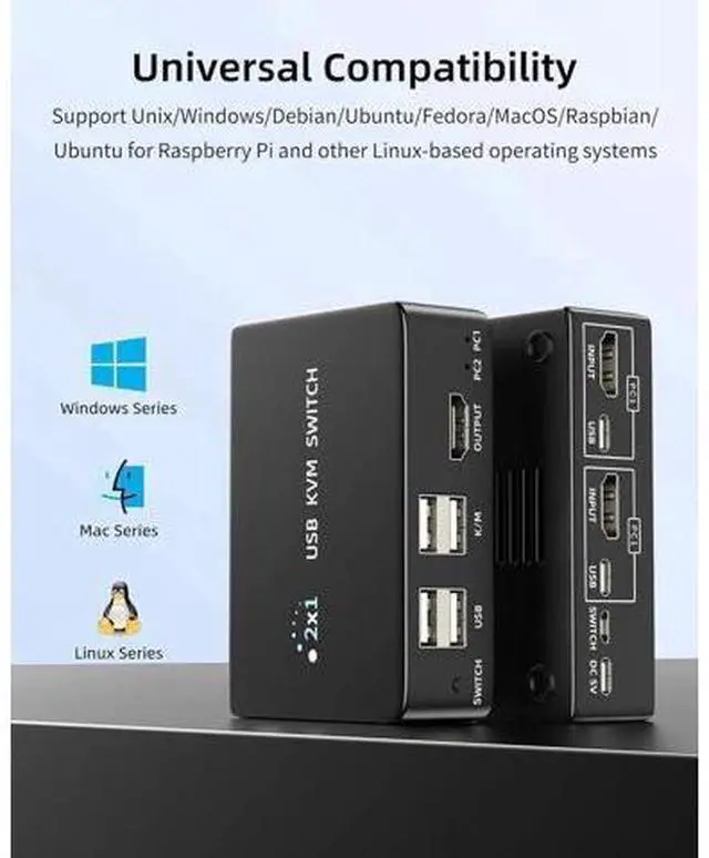 Alt view image 5 of 7 - 8K@60Hz HDMI 2.1 USB KVM Switch 1 Monitors 2 Computers, 4K@120Hz USB switcher HDMI KVM Switch 2 in 1 Out with Remote and 4 USB 2.0 Port, 2 USB Cables and 1 Desktop Controller for Work or Entertainment