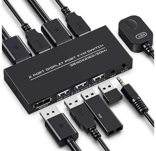 Main image of KVM Switch DisplayPort - 2 Port Displayport KVM Switch, Two Computers One Monitor Switch to Share Mouse,Keyboard,Printer,USB and Ultra HD Monitor, Support 4K@60Hz, 2 DP Cable and 2 USB Cable Included