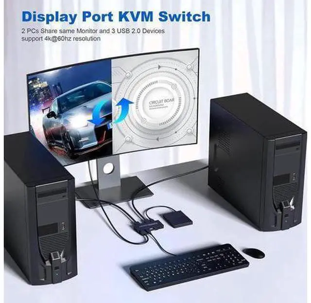 Alt view image 2 of 7 - KVM Switch DisplayPort - 2 Port Displayport KVM Switch, Two Computers One Monitor Switch to Share Mouse,Keyboard,Printer,USB and Ultra HD Monitor, Support 4K@60Hz, 2 DP Cable and 2 USB Cable Included