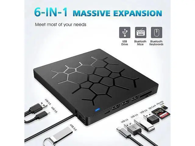 Alt view image 6 of 6 - External CD/DVD Drive USB 3.0 Type-C 6 in 1 DVD Drive PlayerOptical Drive With SD/TF & USB3.0 Slots Optical Drives For PC Laptop