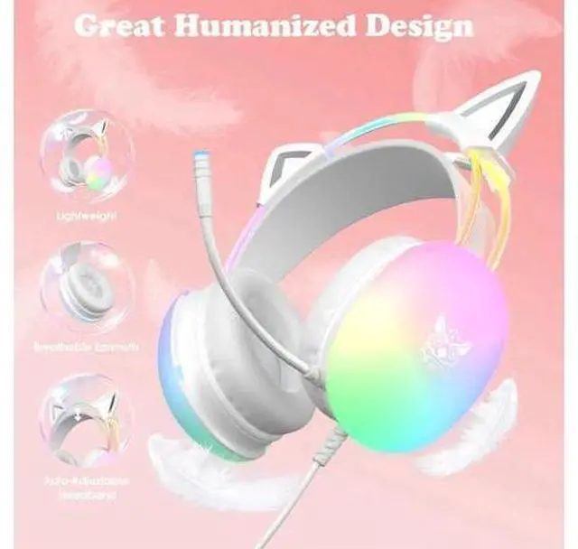 Alt view image 6 of 7 - Cat Ear Gaming Headset with Mic, RGB Rainbow Lighting, Surround Sound, 3.5mm Wired Over-Ear Headphones Gaming Headsets for PC/PS4/PS5/Switch/Laptop, Lightweight & Adjustable Headband