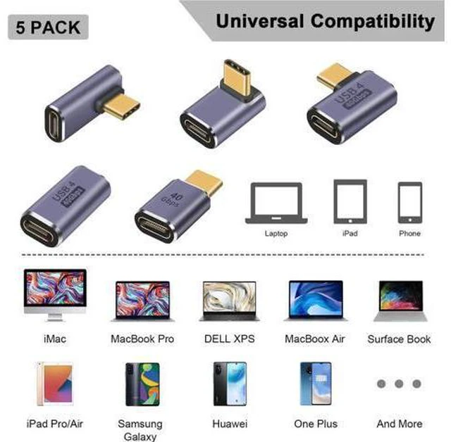 Alt view image 4 of 6 - Aomoproing 5-Pack USB C Adapter 40Gbps, 90 Degree Right Angle USB C Adapter 100W, PD 3.1 Type C Male to Female Extender Adapter Support 8K Video for Thunderbolt 4/3, Laptop, Tablet, Phones