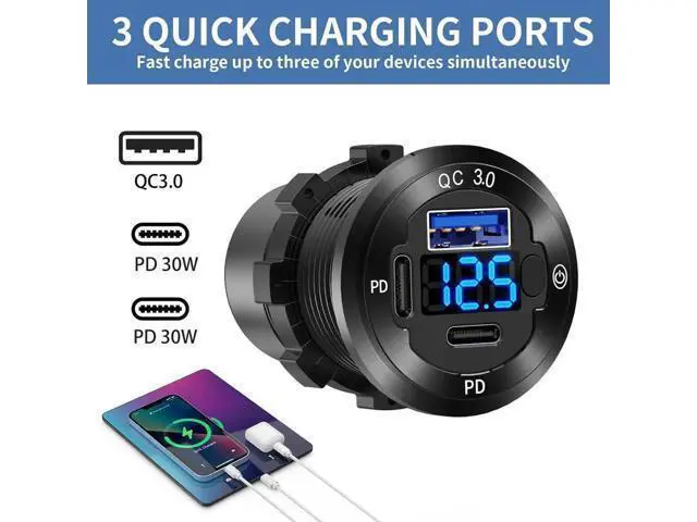 Alt view image 4 of 7 - 12V USB Car Socket Round USB C 12V Outlet, 3-Port Marine USB Fast Charger Waterproof Cigarette Outlet USB Replacement Aluminum with Switch & Voltmeter, Suitable for Boat Golf Cart RV Motorcycle Truck