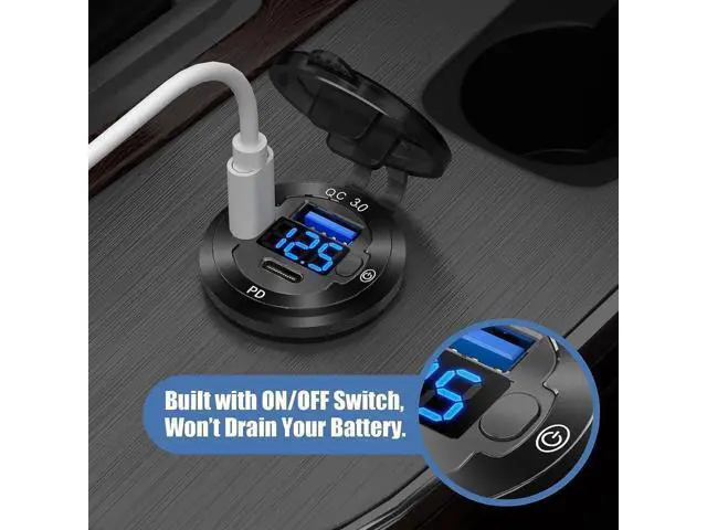 Alt view image 7 of 7 - 12V USB Car Socket Round USB C 12V Outlet, 3-Port Marine USB Fast Charger Waterproof Cigarette Outlet USB Replacement Aluminum with Switch & Voltmeter, Suitable for Boat Golf Cart RV Motorcycle Truck