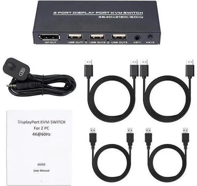 Main image of KVM Switch DisplayPort - 2 Port DP KVM Switch, Two Computers One Monitor Switch to Share Mouse,Keyboard,Printer, USB 2.0 Device and Ultra HD Monitor, Support 4K @60Hz, 2 DP and 2 USB Cable Included