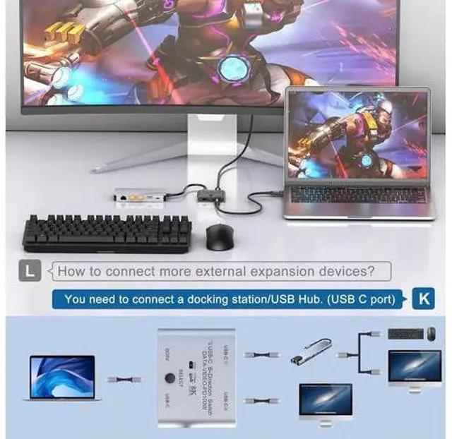 Main image of AUTYUE 8K USB C Switch Splitter USB C Switcher for 2 Computers - Bi Directional USB C KVM Switch 1 in 2 Out for 8K@60Hz/4K@144Hz Video Transfer+100W Charging+10Gbps Data, with Power Cable