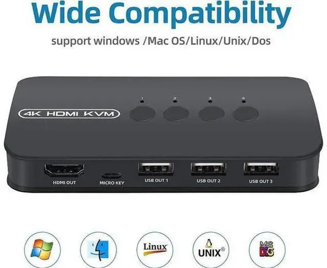 Main image of 4 Ports HDMI KVM Switch, HDMI USB Selector for 4 Computers Share Keyboard Mouse Printer and One HD 4K@30Hz Monitor, Including 4 KVM Cables