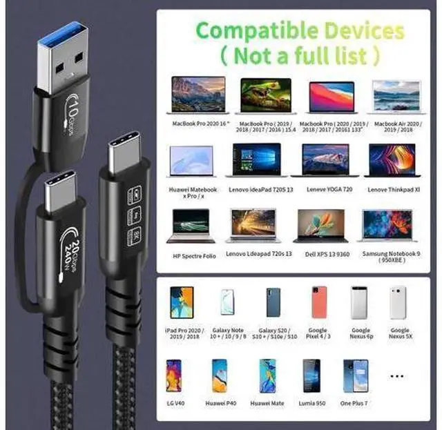 Alt view image 5 of 14 - Aomoproing USB2.0 A to USB C 3.2 Type C 20Gbps Male to Male Detachable 2m 6.6ft Cable Data Extension 10Gbps 240W Fast Charge 8K Ultra HD Video Data Connection Power Line